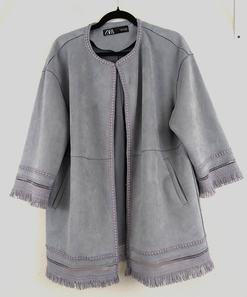 Zara sz M Faux Leather Open Front Fringe Jacket blue soft 3/4 sleeves 4614